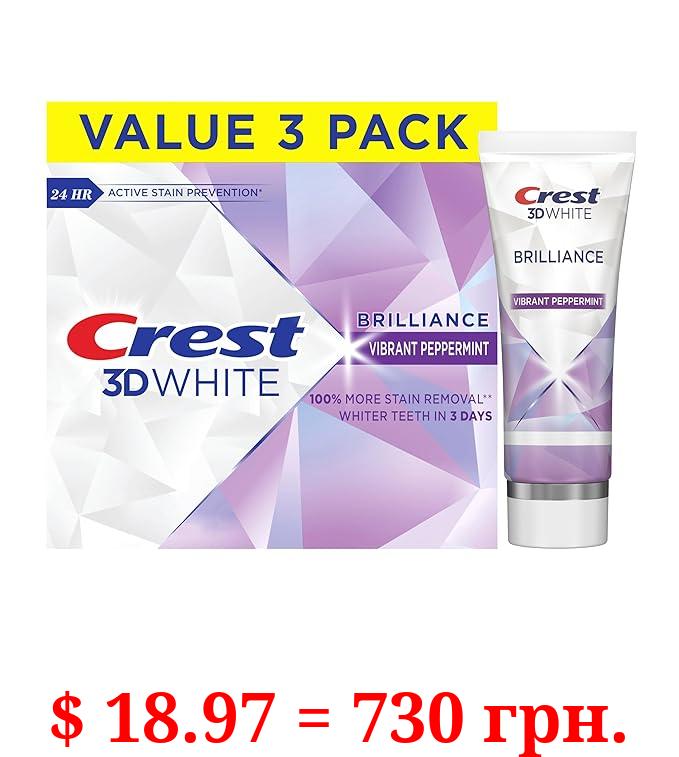 Crest 3D White Brilliance Vibrant Peppermint Teeth Whitening Toothpaste, 4.6 oz Pack of 3, Anticavity Fluoride Toothpaste, 100% More Surface Stain Removal, 24 Hour Active Stain Prevention