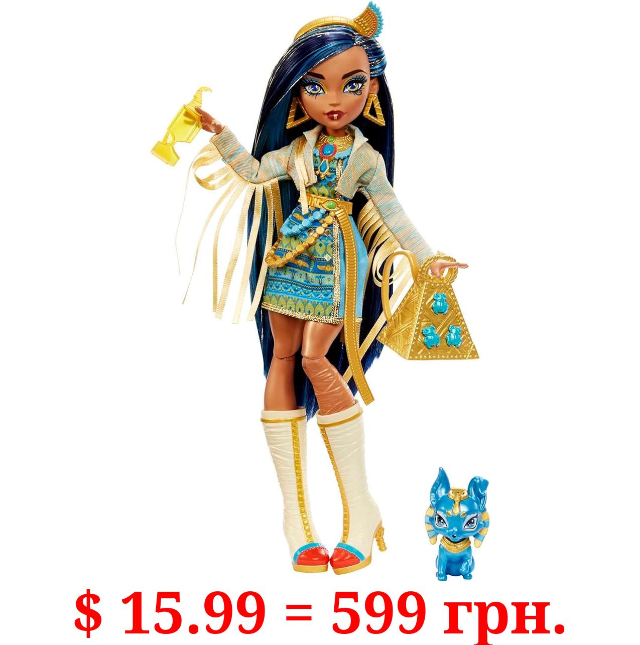 Monster High Cleo De Nile Fashion Doll with Blue Streaked Hair, Signature Look, Accessories & Pet Dog