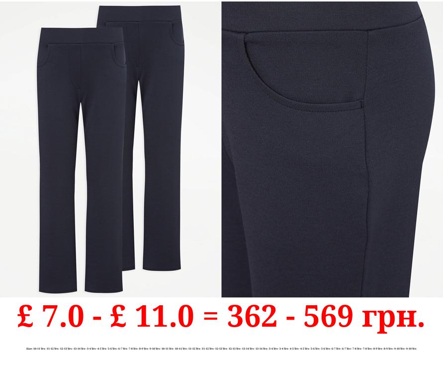 Navy Straight Leg Jersey Girls School Trousers 2 Pack