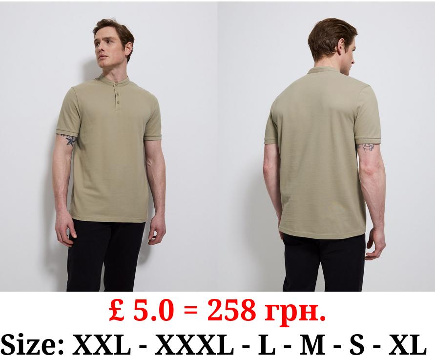 Light Khaki Grandad Collar Short Sleeve Top