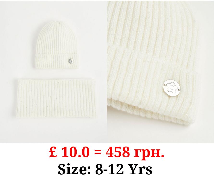White Sparkle Knitted Beanie Hat and Snood Set