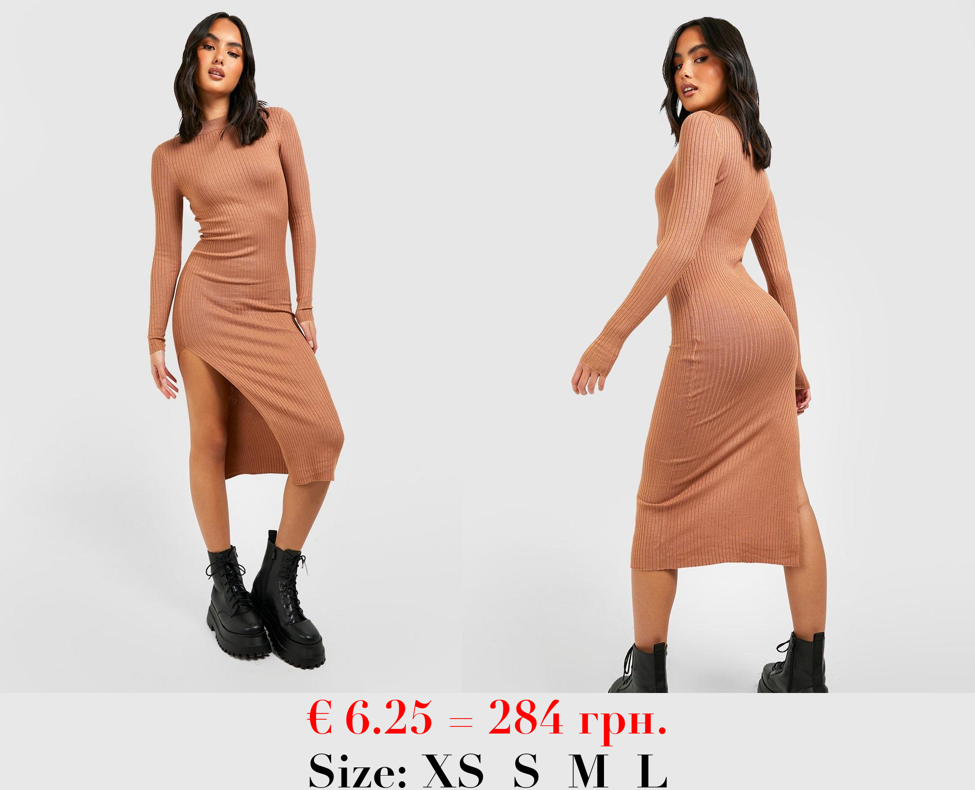 Turtle Neck Rib Knit Midi Dress