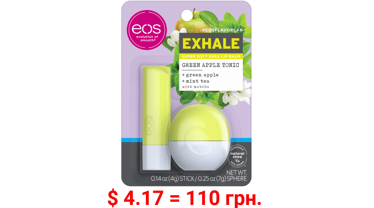 eos flavorlab Lip Balm Stick & Sphere - Exhale , Green Apple Tonic , Moisuturzing Shea Butter for Chapped Lips , 0.39 oz , 2 count