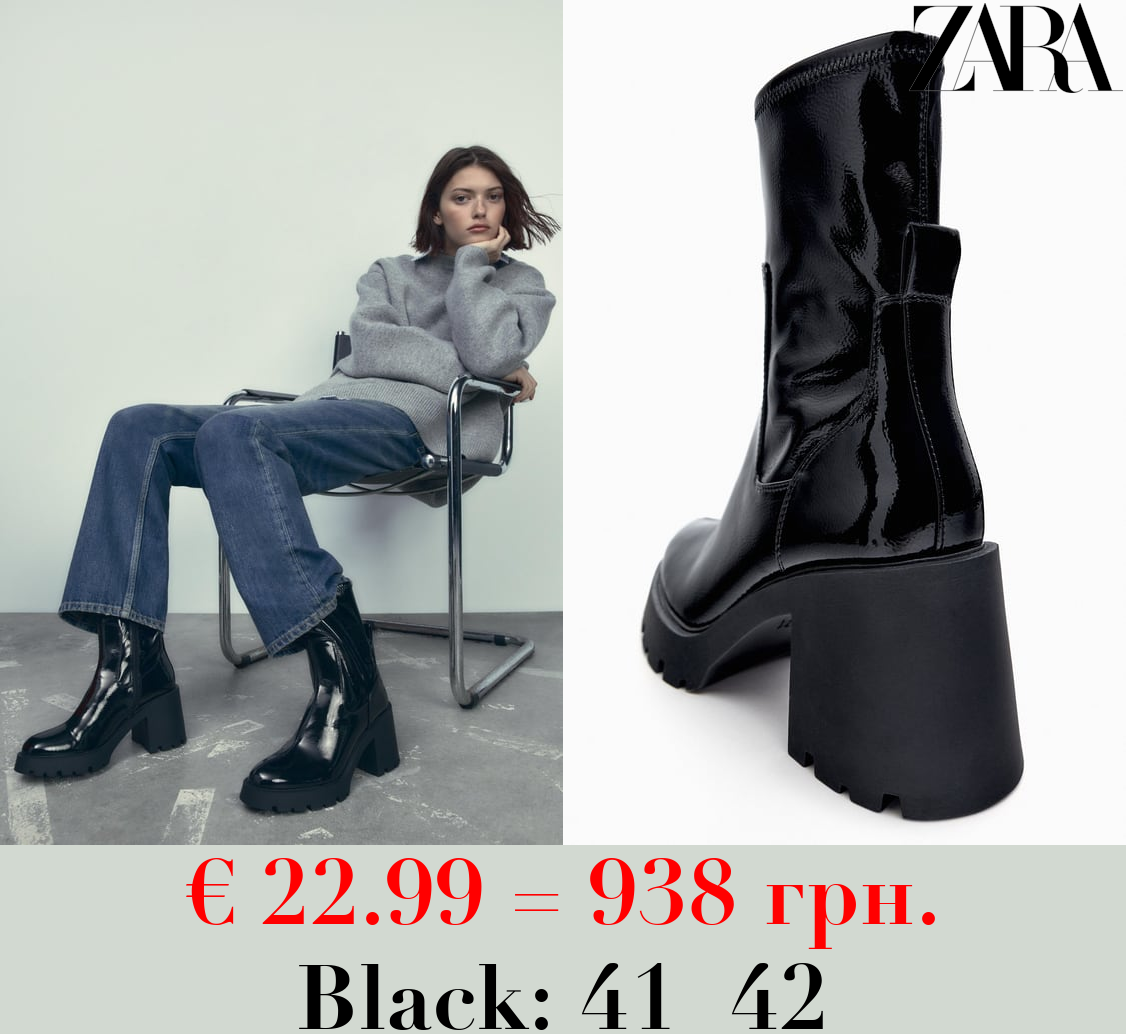 HIGH-HEEL FAUX PATENT ANKLE BOOTS WITH TRACK SOLE