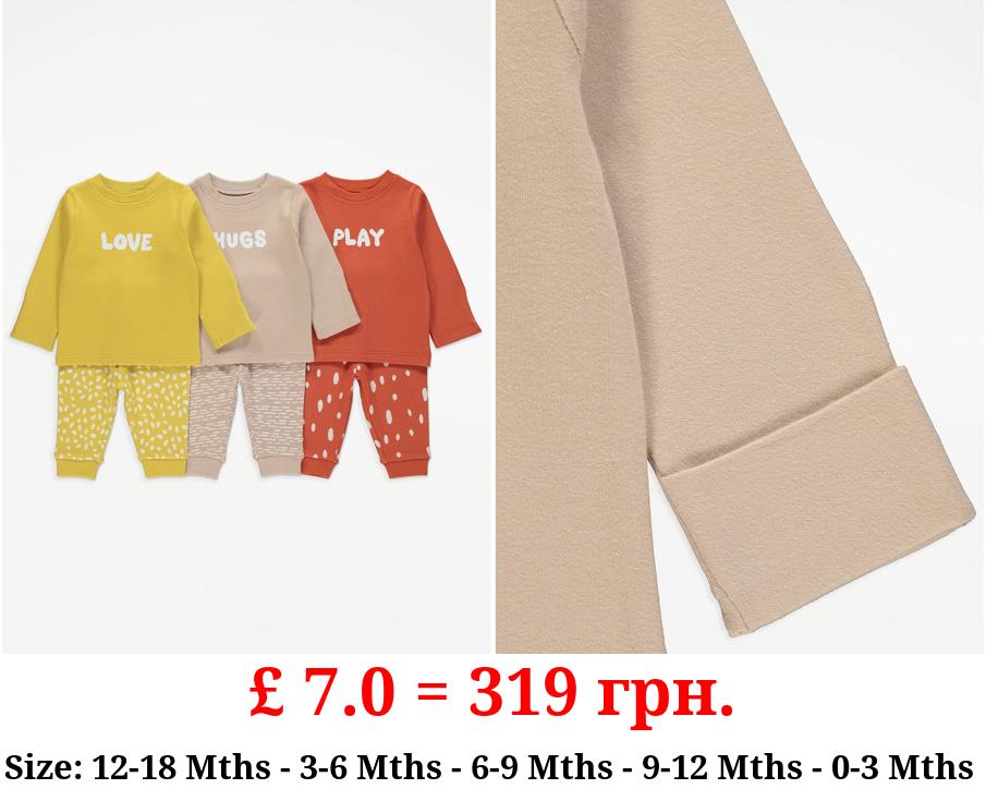 Yellow Love Hugs Play Pyjamas 3 Pack
