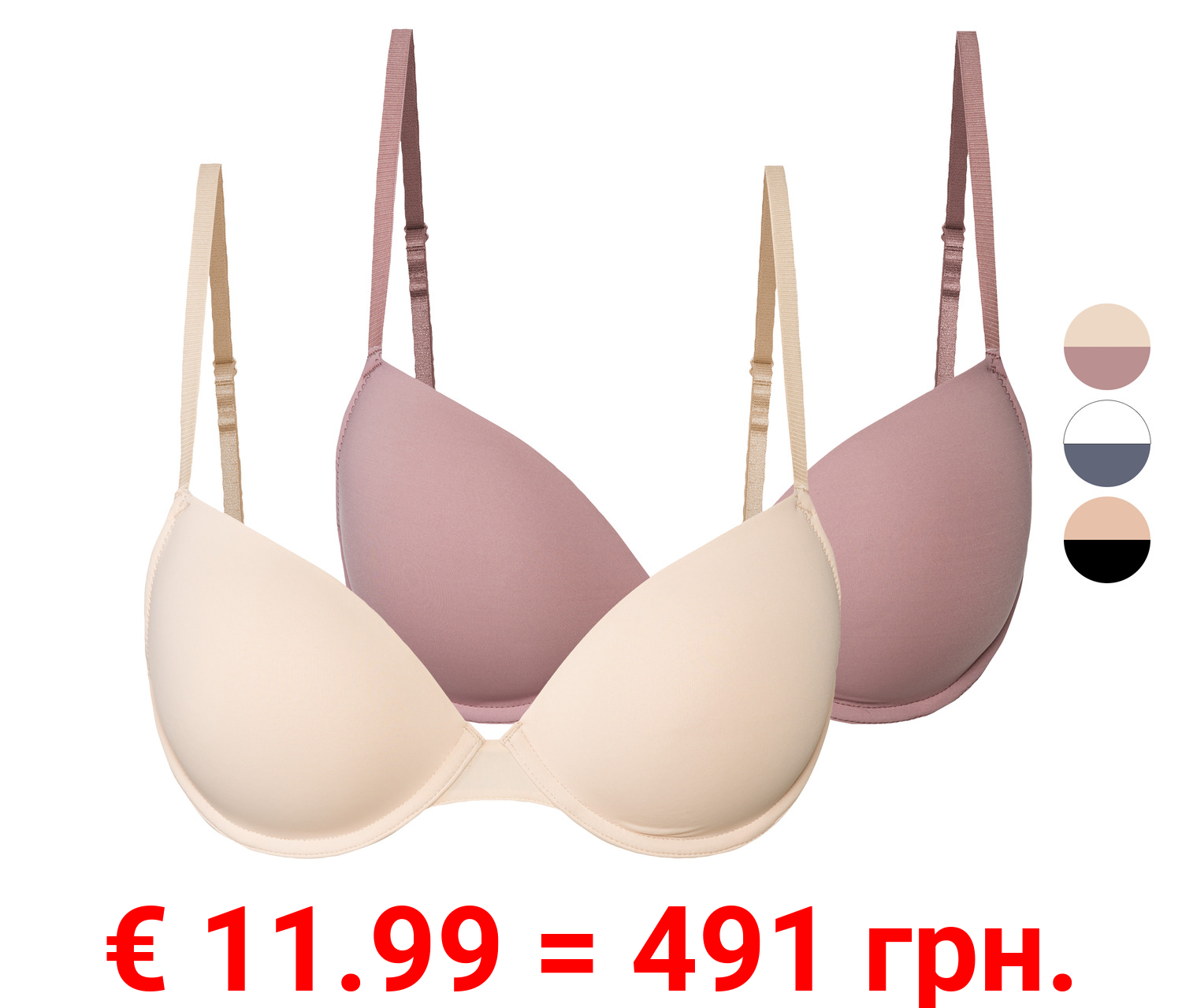 esmara® Damen T-Shirt BHs, 2 Stück, gepaddete Cups