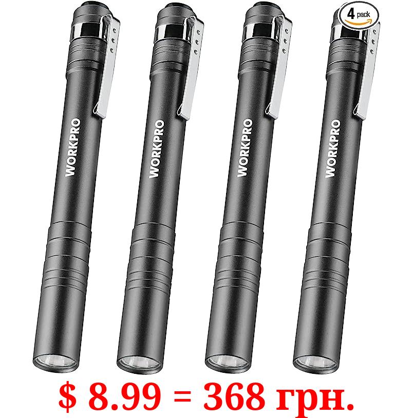 WORKPRO LED Pen Light, Aluminum Pen Flashlights, Pocket Flashlight with Clip for Inspection, Emergency, Everyday, 8AAA Batteries Include, Gray(4-Pack)