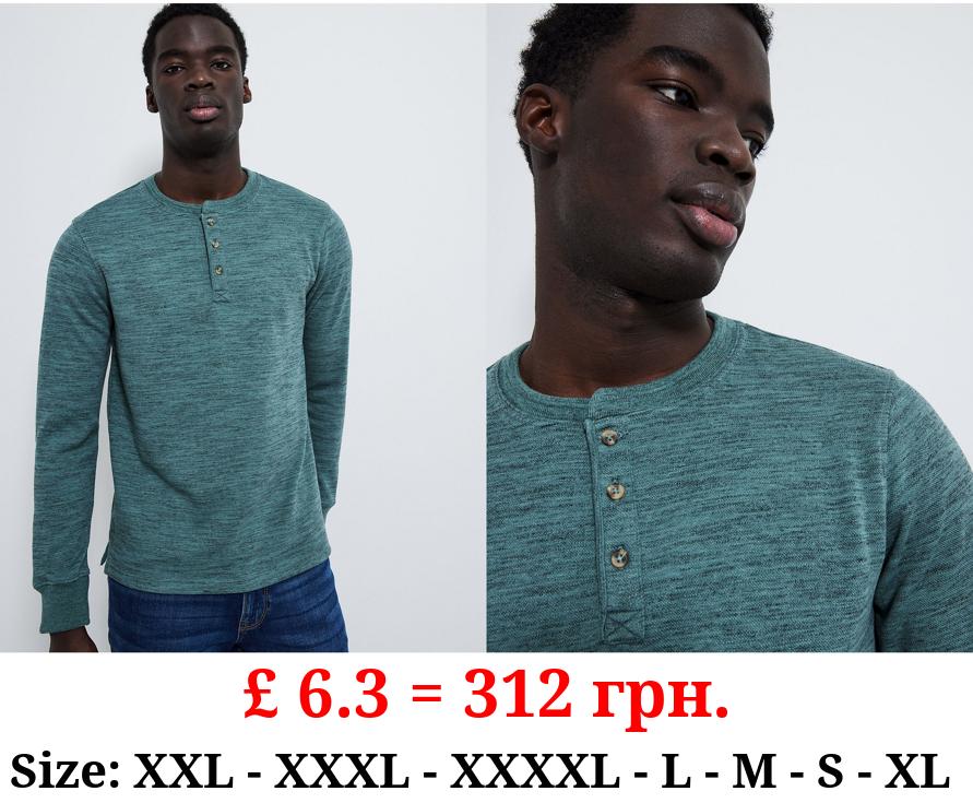 Green Button Fastening Textured Long Sleeve Top