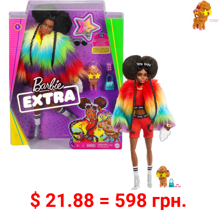 Barbie Extra Doll in Rainbow Coat with Pet Poodle and Accessories