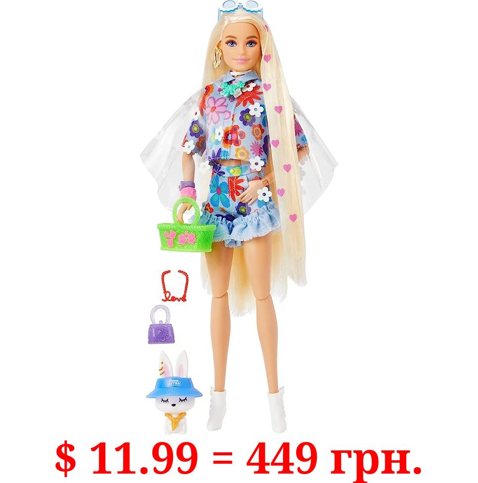 Barbie Extra Doll and Accessories with Extra-Long Blonde Hair Wearing Floral Outfit & Poncho with Pet Bunny 12 inch