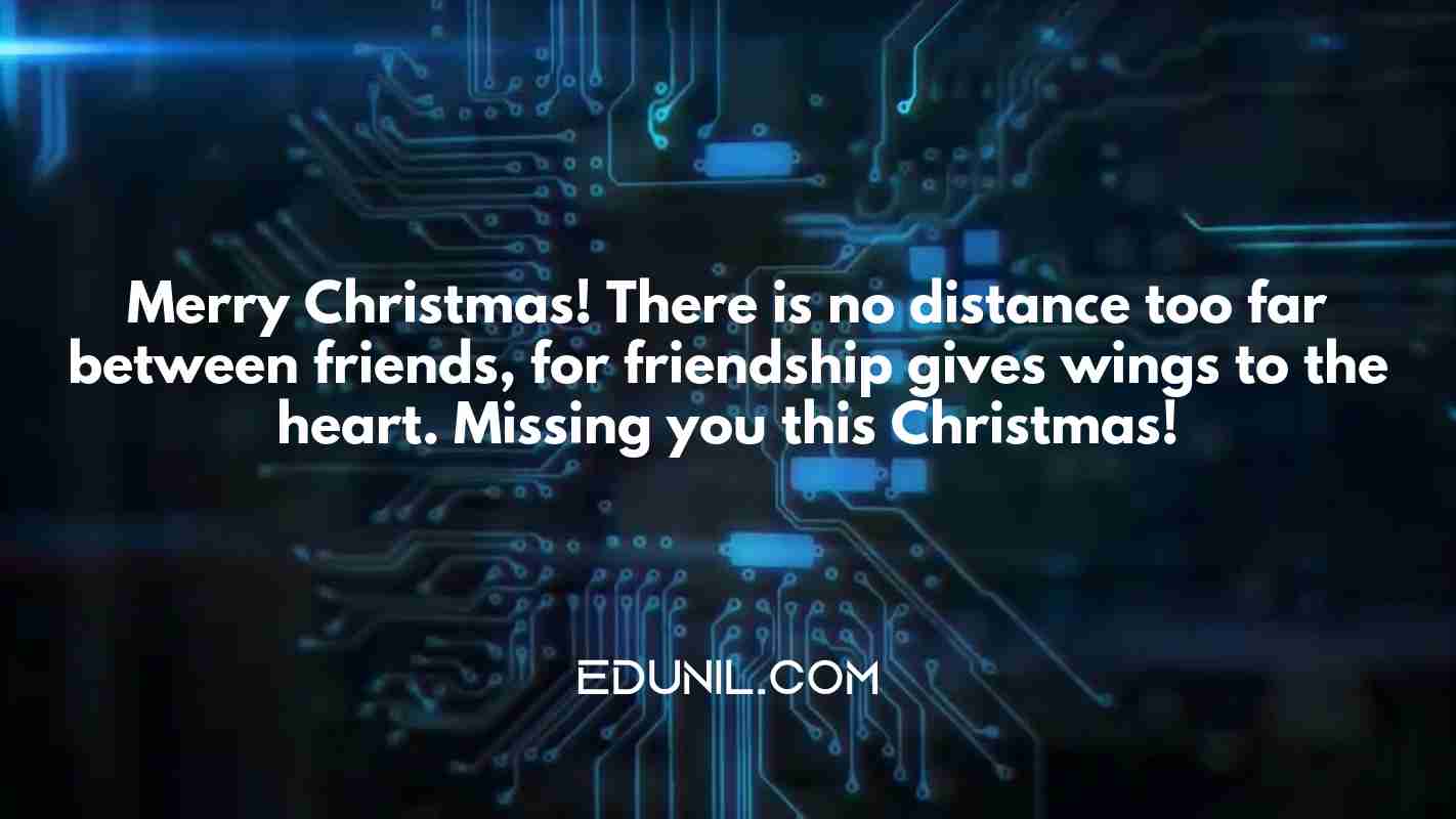 Merry Christmas! There is no distance too far between friends, for friendship gives wings to the heart. Missing you this Christmas! - 
