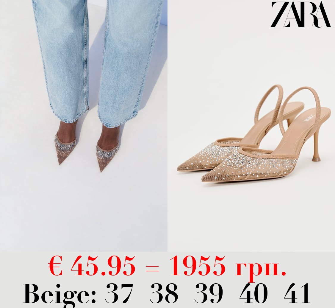 MESH HIGH-HEEL SLINGBACK SHOES WITH EMBELLISHED RHINESTONES