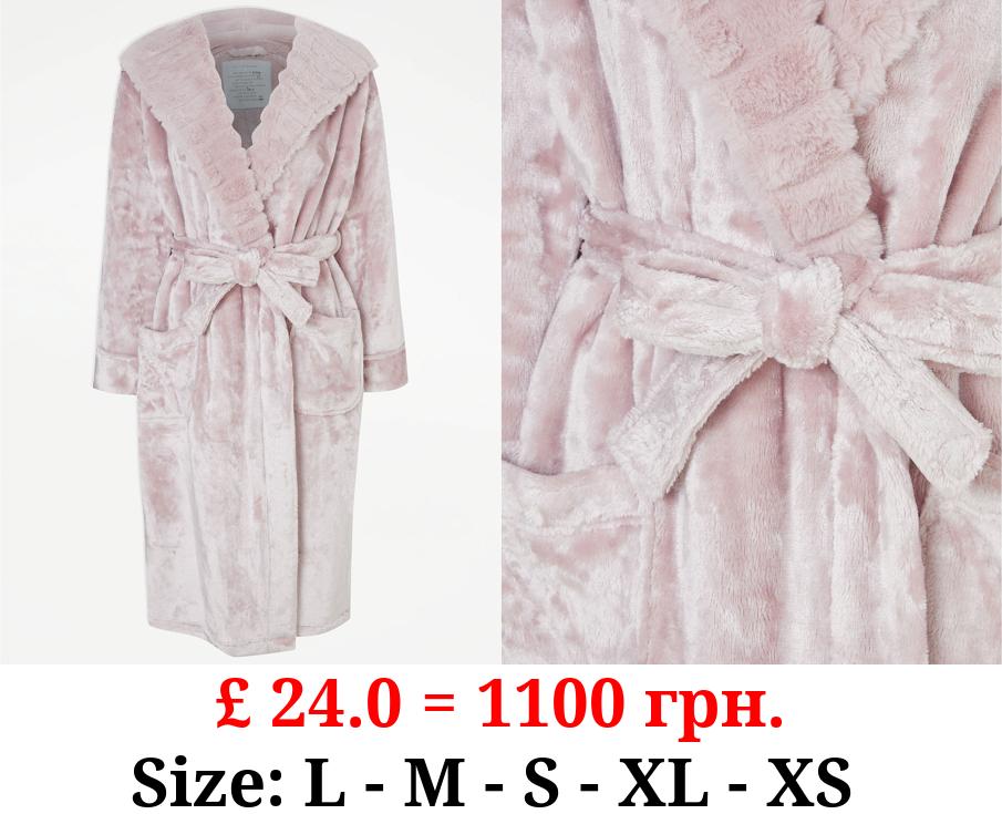 Dusky Pink Plush Hooded Dressing Gown