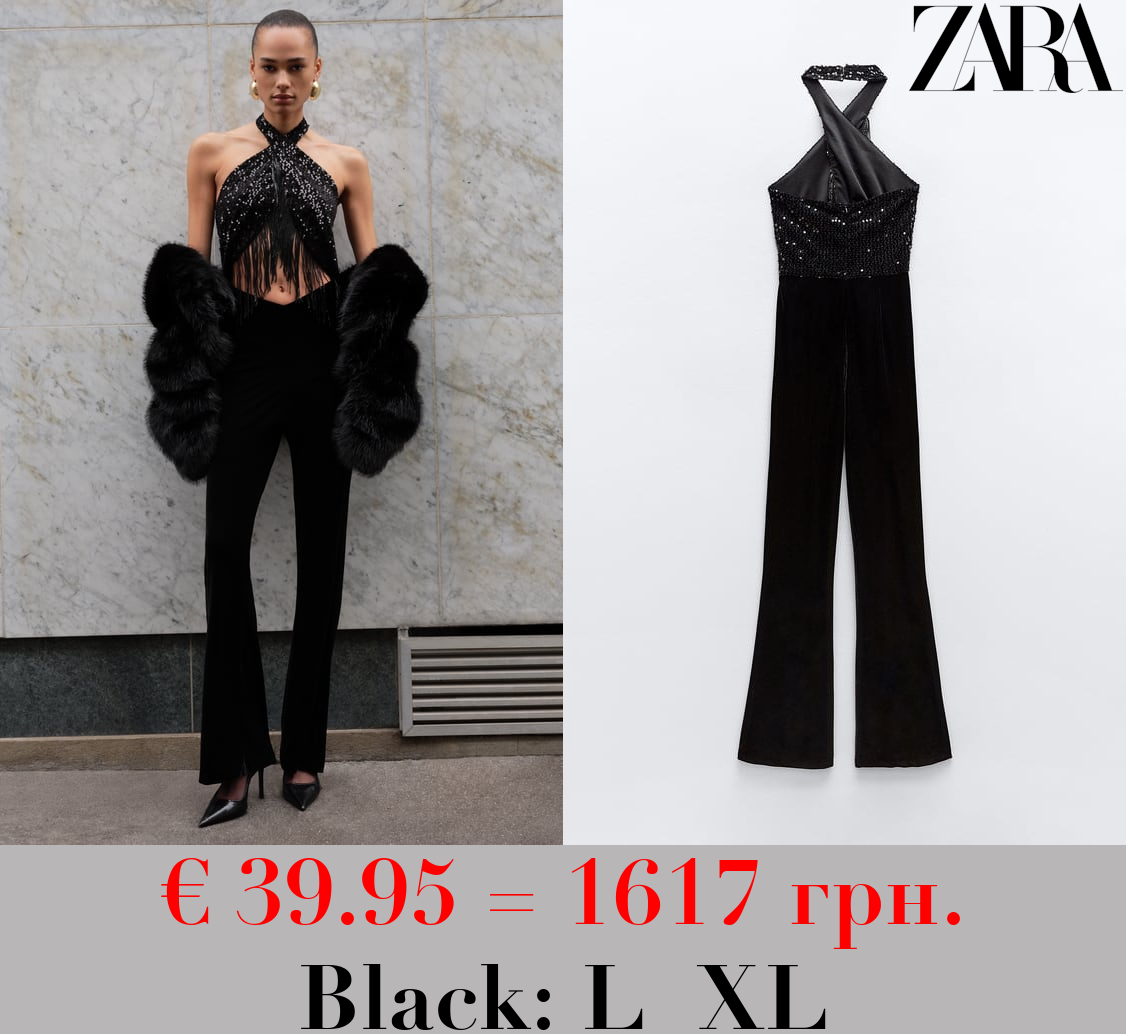 SEQUINNED HALTER JUMPSUIT WITH FRINGING