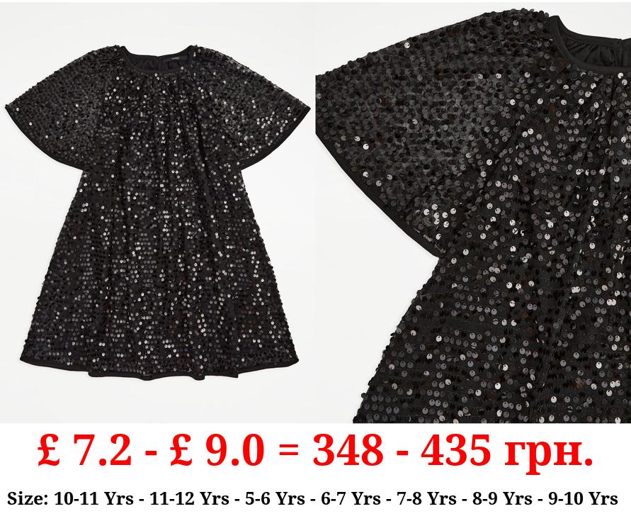 Black Angel Sleeve Sequin Party Dress