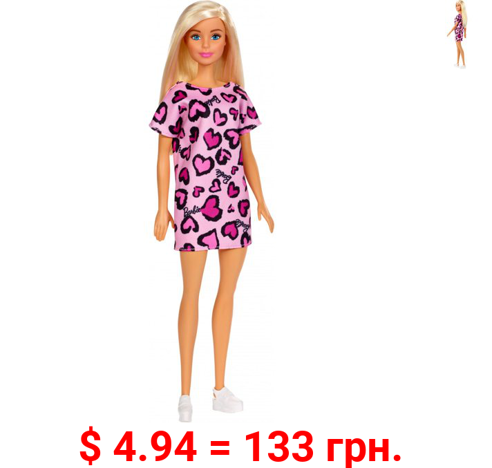 Barbie Doll, Blonde, Wearing Pink Heart-Print Dress And Shoes