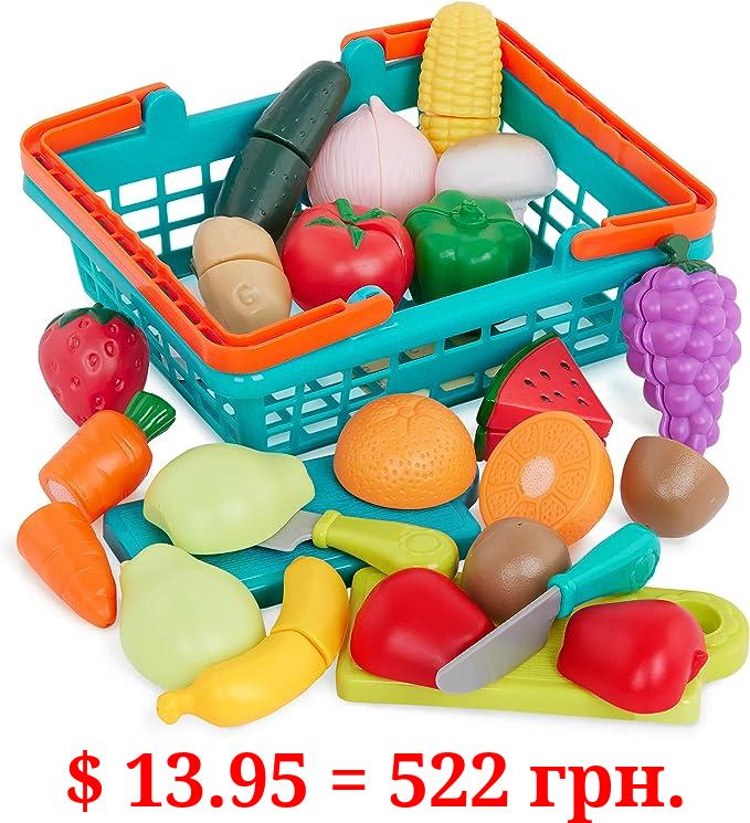 Battat- Play Food Toys for Kids – Food Set with Cutting Boards and Accessories – Farmers Market Produce Basket- Toddler Pretend Fruit- Farmers Market Produce Basket- 2 Years +