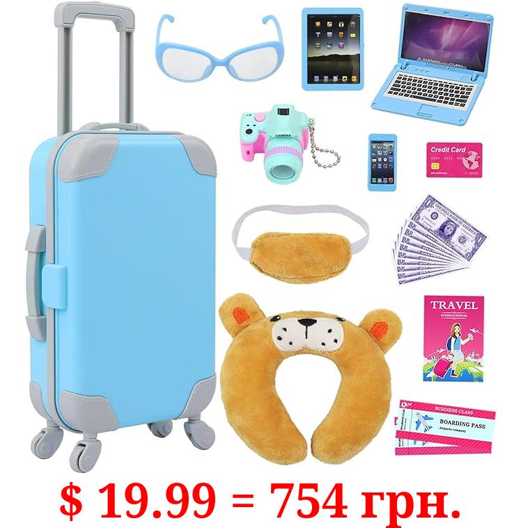 ZITA ELEMENT 22 Pcs 18 Inch Boy Doll Clothes Suitcase Set for 19 Inch Boy Doll Accessories Travel Carrier Storage, Including Suitcase Pillow Blindfold Sunglasses Camera Computer