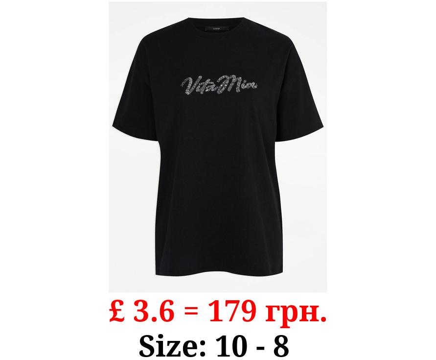 Black Sequin Embellishment Short Sleeve T-Shirt