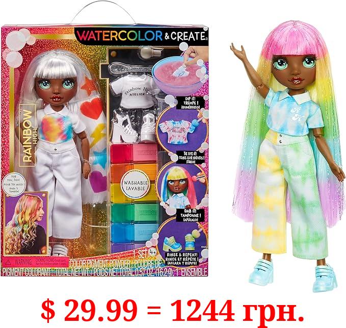 Rainbow High Watercolor & Create Fashion DIY Doll with Washable Watercolors + Tie-Dye Kit, Green Eyes, Long Straight Hair, Bonus Top & Shoes. Color, Create, Play, Rinse and Repeat. Creative 4-12+