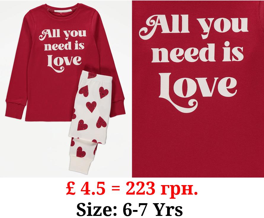 Red All You Need is Love Matching Kids Valentines Pyjamas
