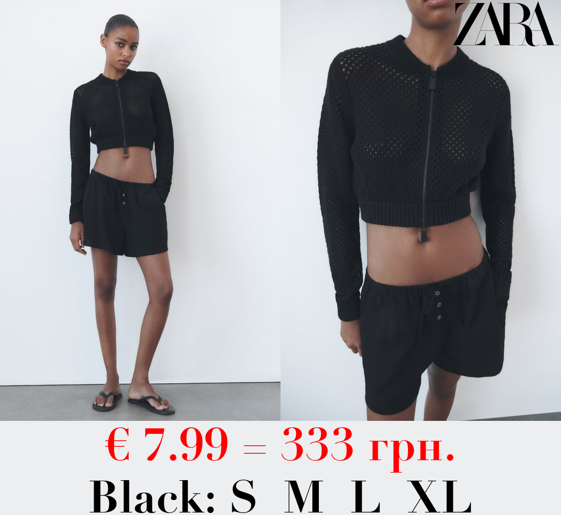 CROPPED KNIT CUTWORK BOMBER JACKET