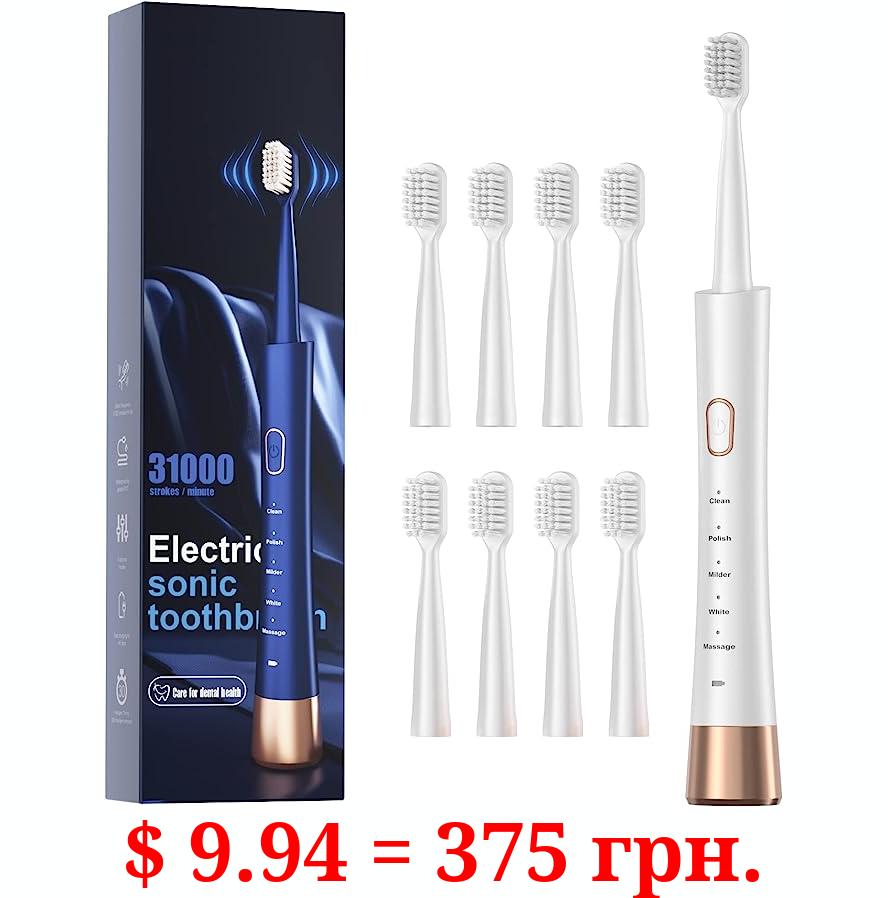 High Vibration Sonic Electric Toothbrush for Adults with 2 Minutes Smart Timer, Fast Charge Lasts Long, 5 Optional Modes, 8 Replacement Brush Heads Ultra Whitening, White