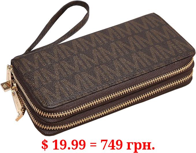 MKP COLLECTION Womens Fashion Double Zip Around Wallet Jean Denim Long Purse Credit Card Holder Bifold Ladies Cluth Wristlet Wrist Strap