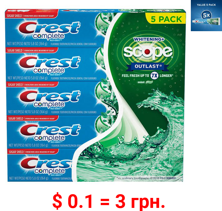 Crest Complete Whitening + Scope Toothpaste, 5 Ct, 5.8 Oz