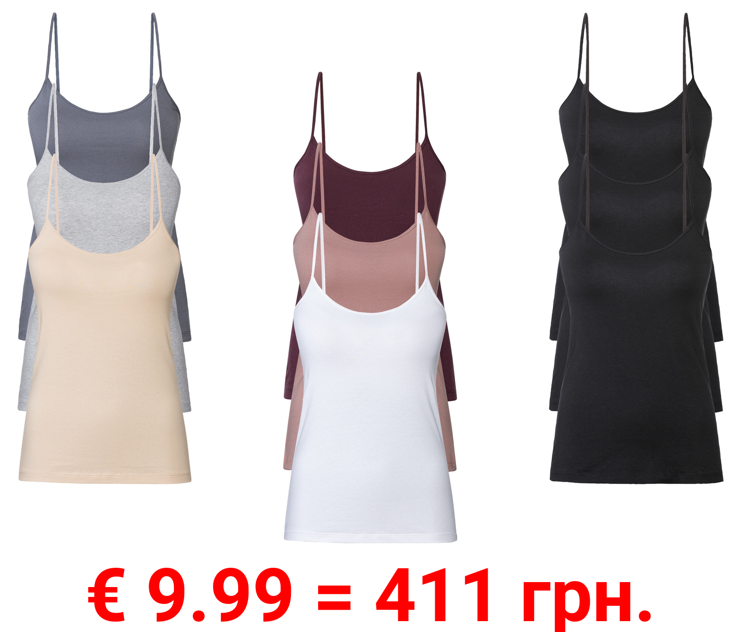 esmara® Damen Spaghettiträgerhemden, 3 Stück, mit hohem Baumwollanteil