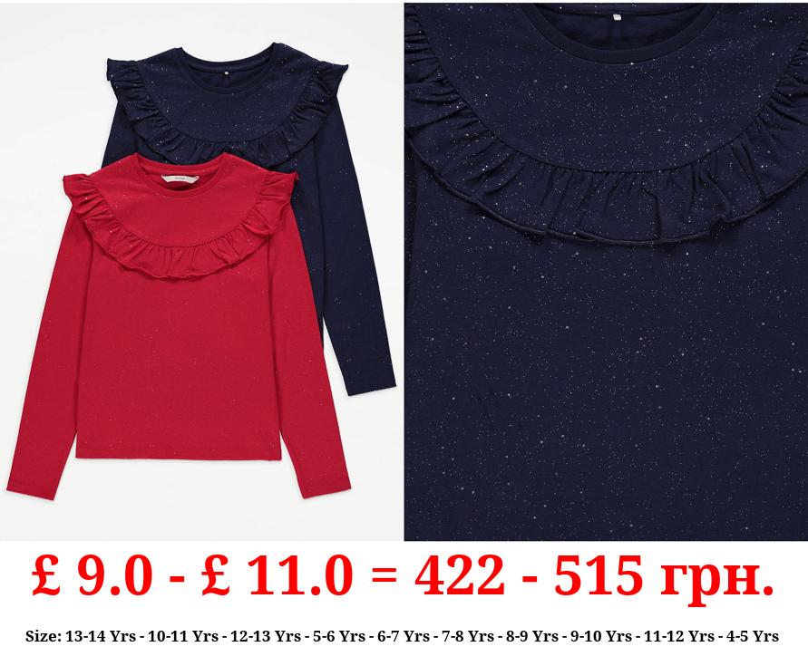 Glitter Sparkle Long Sleeve Ruffle Tops 2 Pack