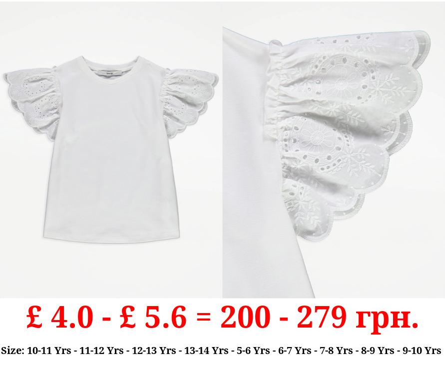White Broderie Frill Sleeve T-Shirt