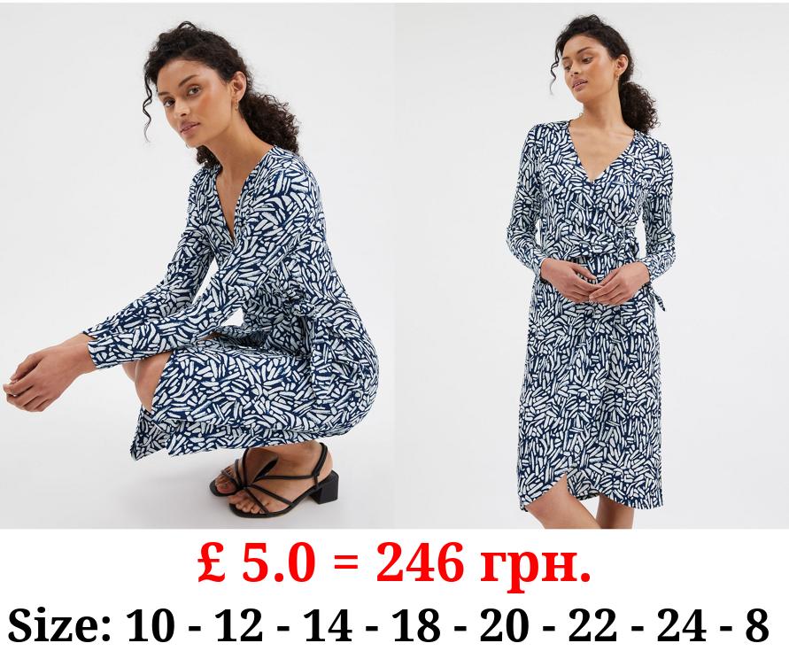 Blue Patterned Wrap Front Midi Dress