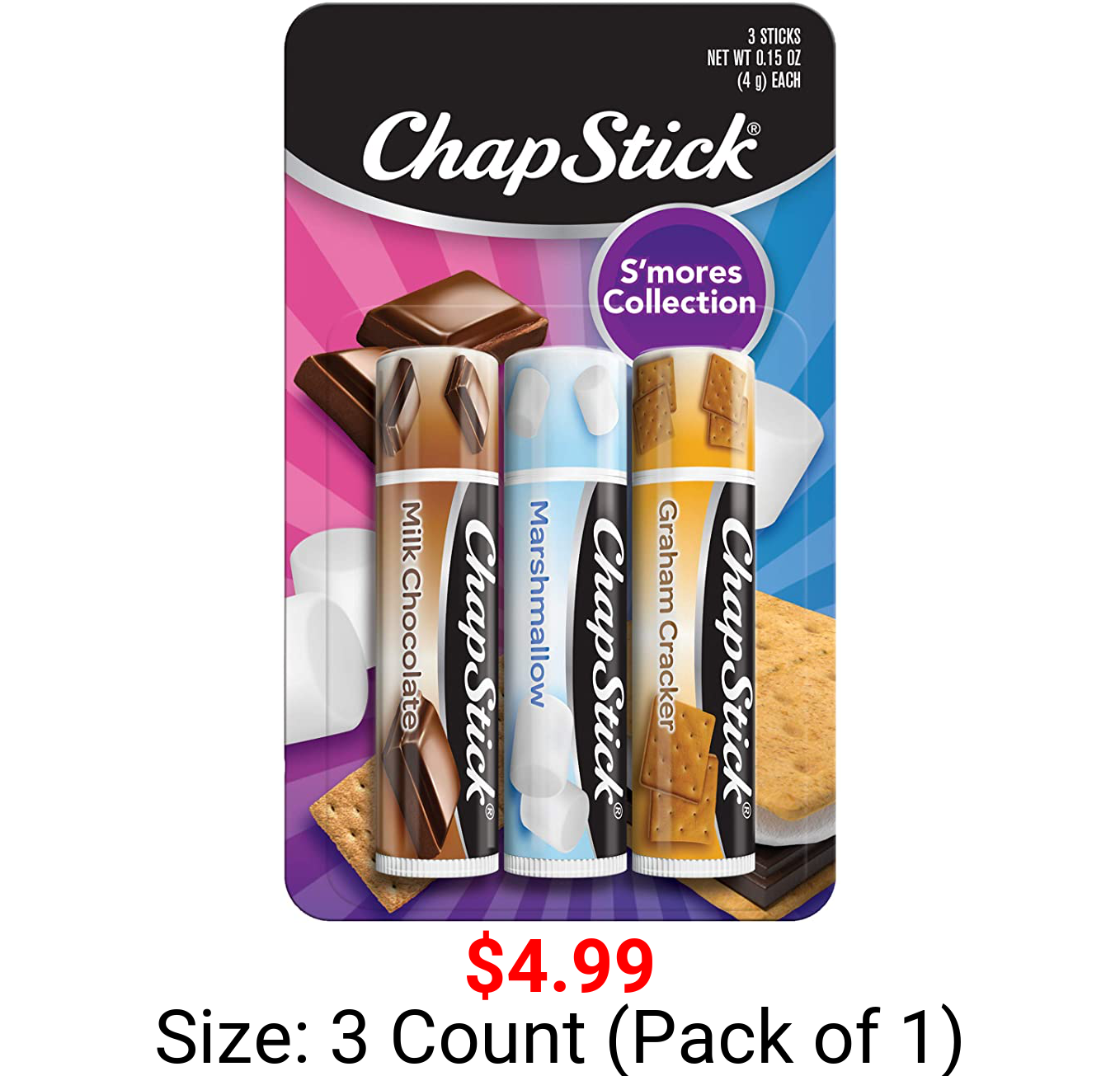 ChapStick S'mores Collection Graham Cracker, Marshmallow and Milk Chocolate Flavored Lip Balm Tubes Variety Pack, Lip Care - 0.15 Oz (Pack of 3)