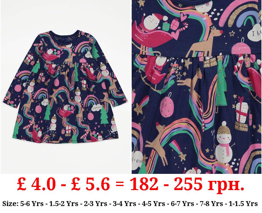 Navy Christmas Print Long Sleeve Dress