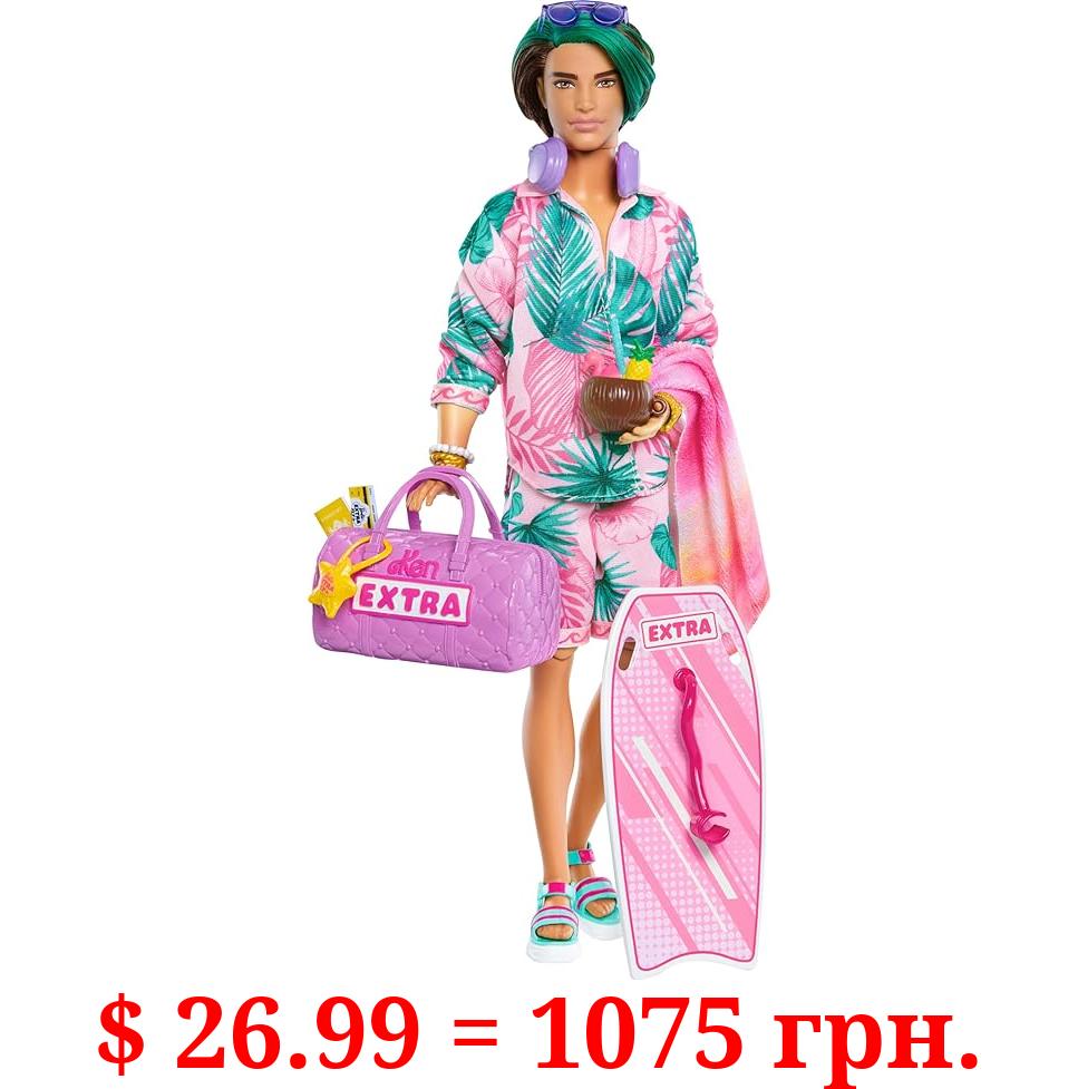 Barbie Extra Fly Ken Doll with Beach-Themed Travel Clothes & Accessories, Tropical Outfit with Boogie Board & Duffel Bag
