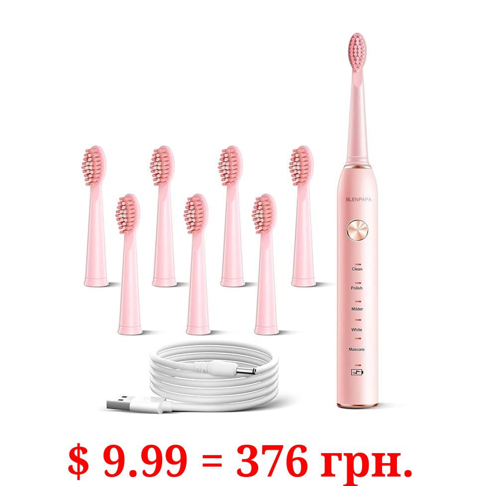 Blenpapa Sonicare Electric Toothbrush for Adults, Smart Cleaning and Whitening, 5 Modes Selection 38000VPM Rechargeable, with Dupant Brush Heads Suitable for Travel, 1 Count, Pink