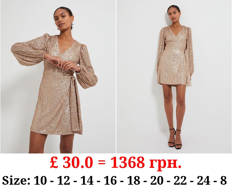 Gold Sequin Wrap Front Mini Dress