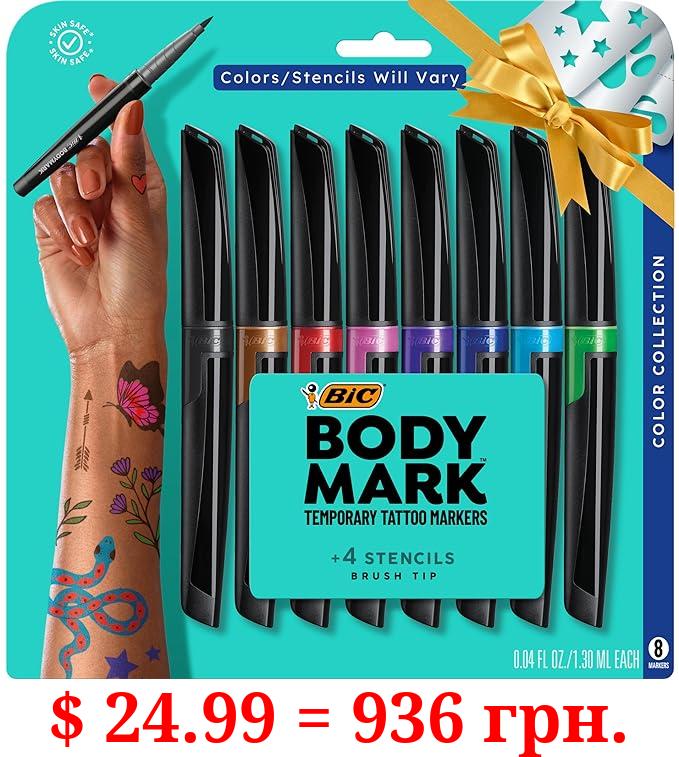 BIC BodyMark Temporary Tattoo Markers for Skin (MTBP81-AST), Color Collection, Flexible Brush Tip, Assorted Colors, Skin-Safe*, Cosmetic Quality 8-Count Pack