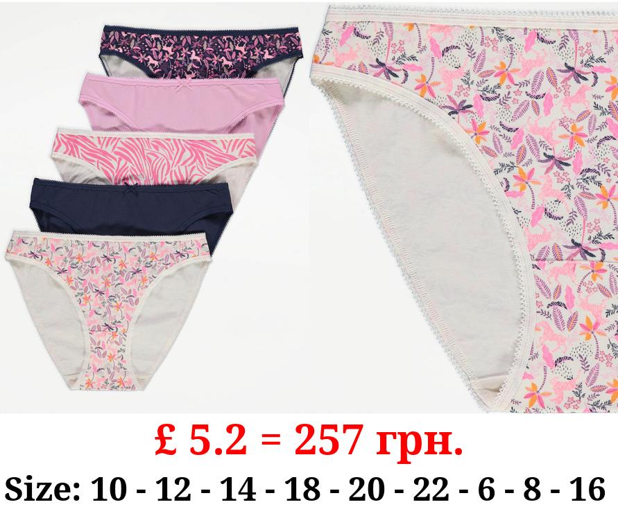 Pink Zebra Floral Brief Knickers 5 Pack