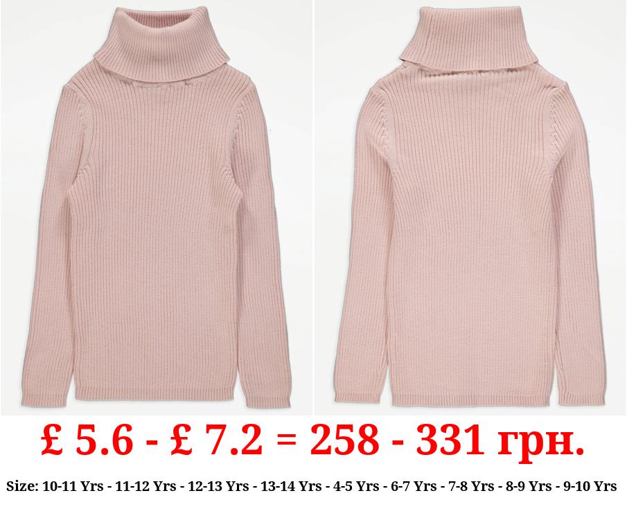 Light Pink Roll Neck Ribbed Jumper