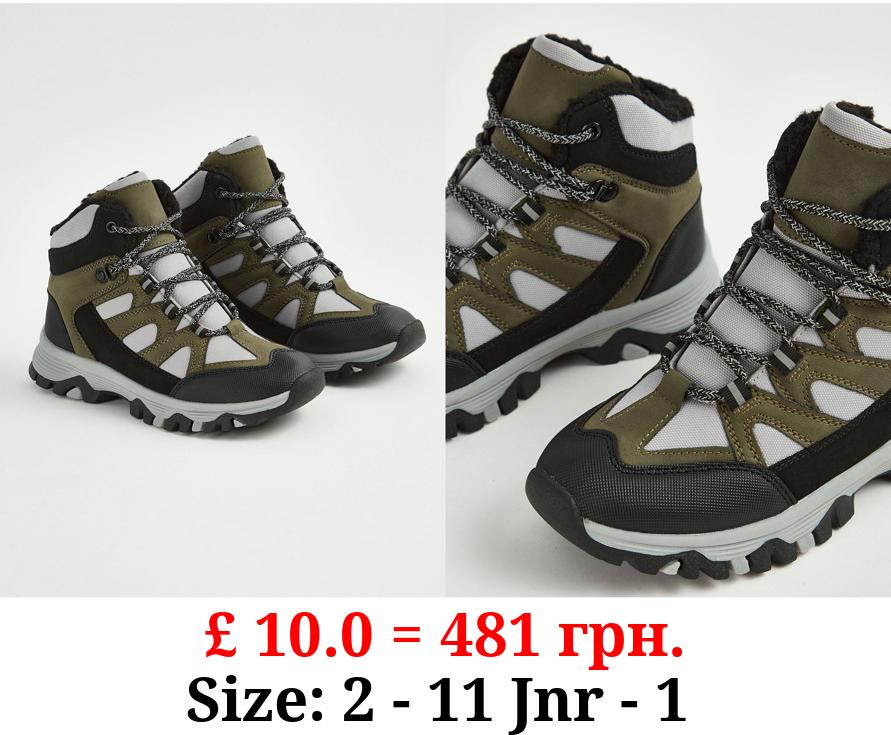 Khaki Panelled Fleece Lined Mountain Boots
