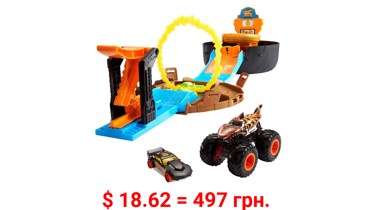 Hot Wheels Monster Trucks Stunt Tire Play Set Opens To Reveal Arena With Launcher For 2 Hot Wheels 1:64 Scale Cars Or 1 Monster Truck For Crashing and Smashing Gift For Kids Ages 4 To 8