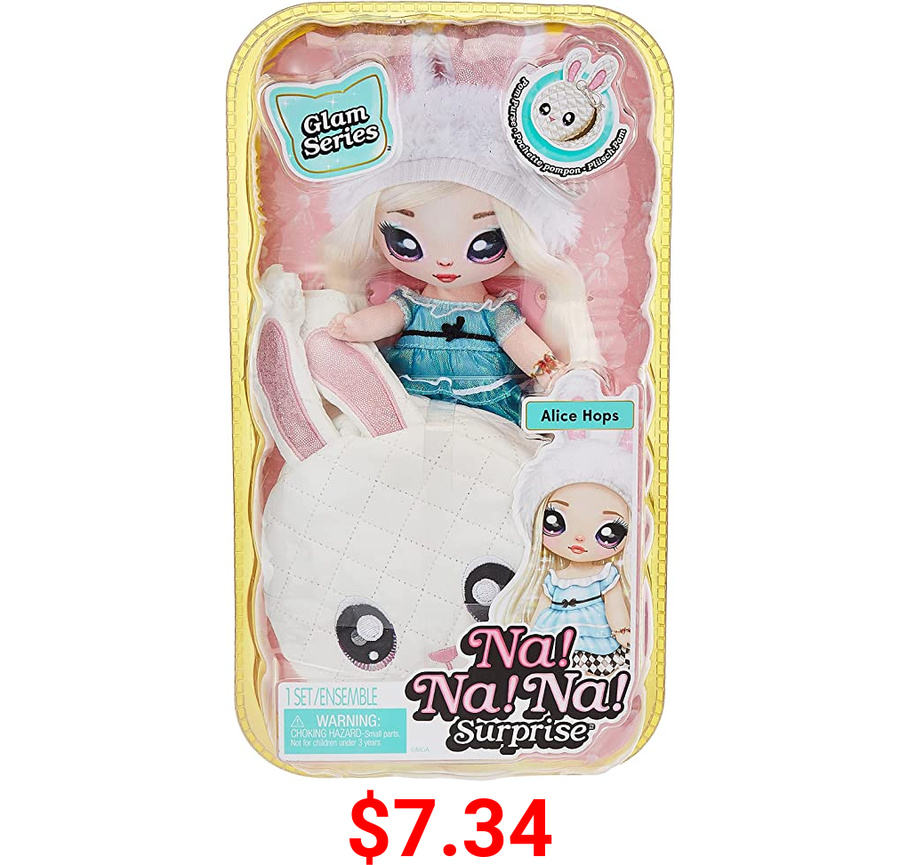 Na! Na! Na! Surprise Glam Series Alice Hops Fashion Doll and Metallic Rabbit Purse, Blonde Hair, Shiny Blue Dress, Bunny Ears Hat & Accessories, 2-in-1 Kids Gift, Toy for Girls Ages 5 6 7 8+ Years