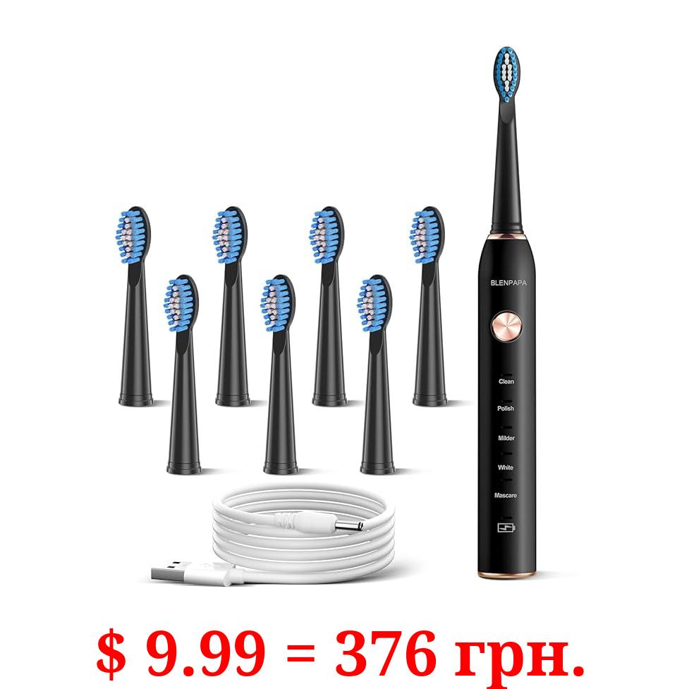 Teeth & Gums Care Electric Toothbrush, IPX7 Waterproof Sonicare 38000VPM, Fast Charge Long Last with Intelligent Time Reminder 5 Optional Modes Dupont Brush Heads, Travel, Indoor, Outdoor, Black