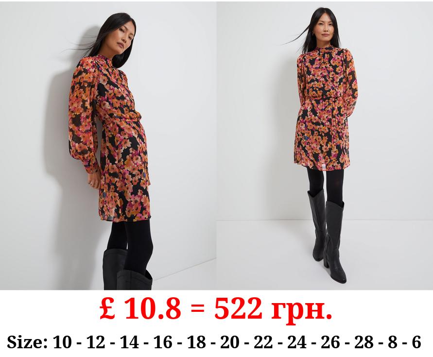 Floral Print High Neck Tie Waist Mini Dress