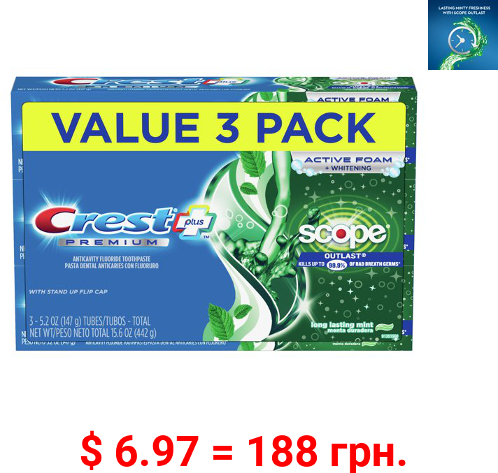 Crest Premium Plus Scope Outlast Toothpaste, Mint, 5.2 Oz, 3 Pack