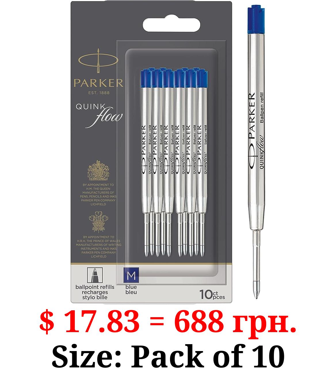 Parker Ballpoint Pen Refills, Medium Point Ink Pen Refills, Blue QUINKflow Ink, Great Stocking Stuffer or Gift for Students, Holiday Teacher Gifts, 10 Count