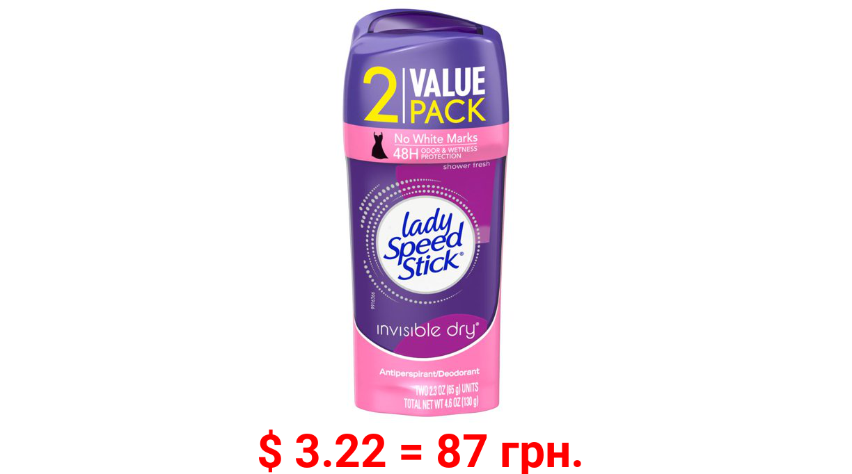 Lady Speed Stick Invisible Dry Antiperspirant Deodorant, Shower Fresh, 2.3 Oz. Twin Pack