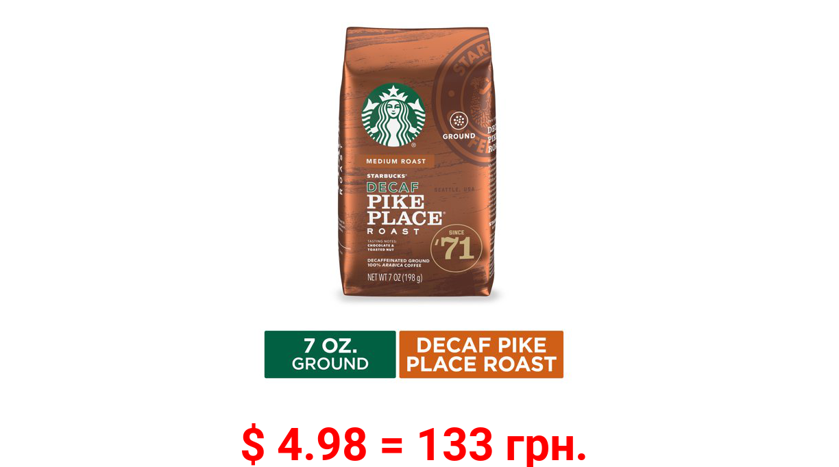 Starbucks Decaf Medium Roast Ground Coffee, Pike Place Roast, 7 Oz